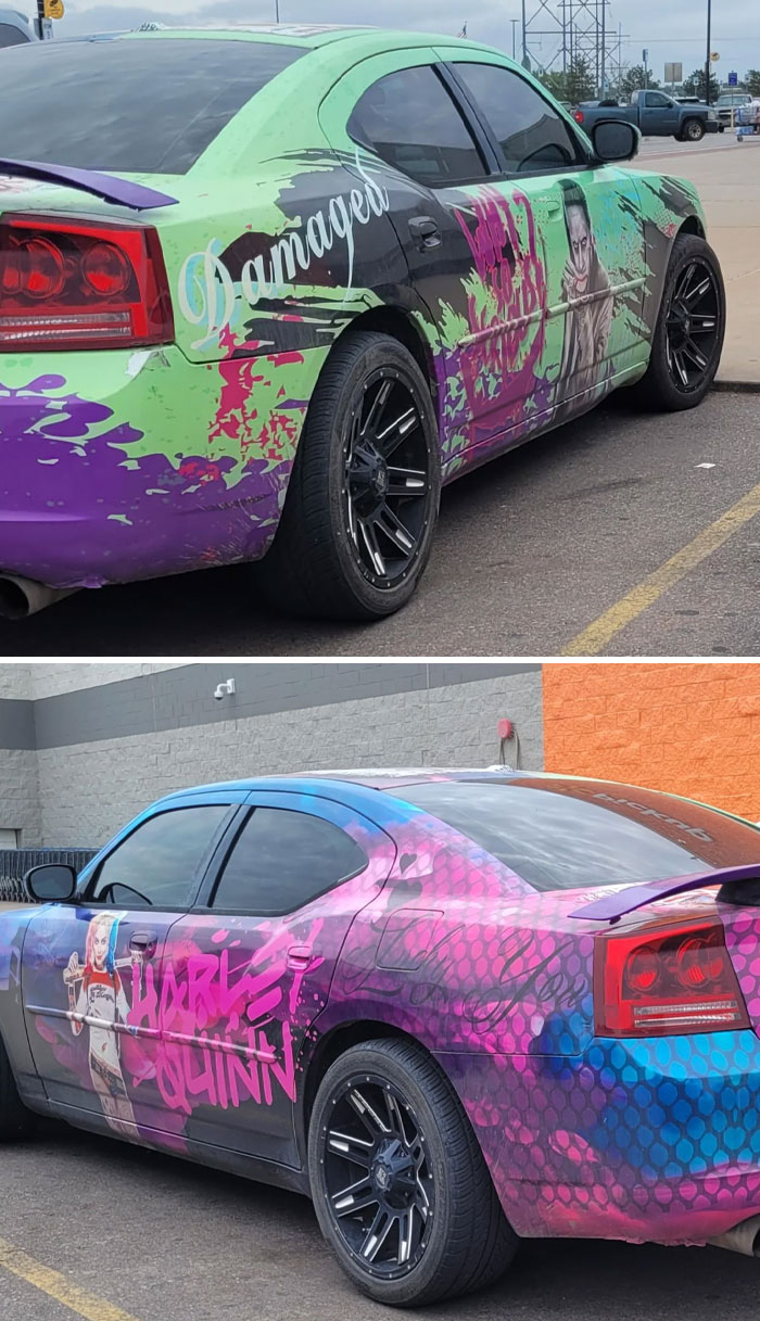 Car with colorful, cringe-inducing Joker and Harley Quinn graphics in a parking lot.