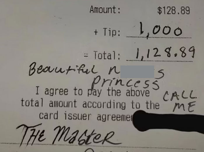 Receipt showing a high tip and handwritten note, showcasing embarrassing behavior.