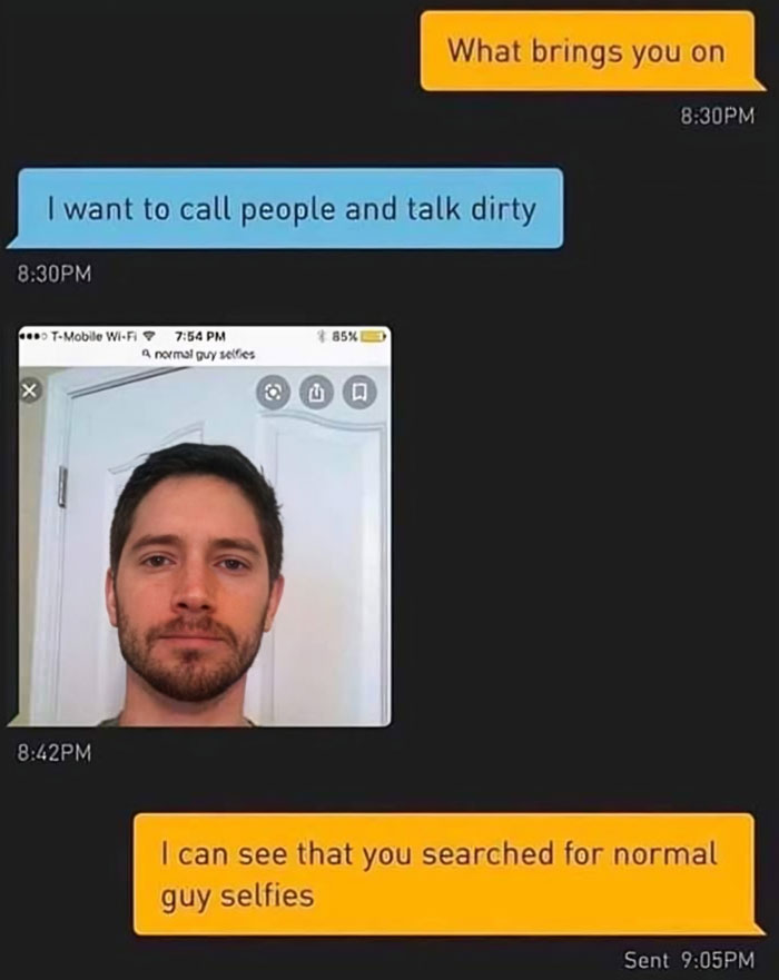 Text conversation with humorous cringe moment involving a selfie search and awkward response.