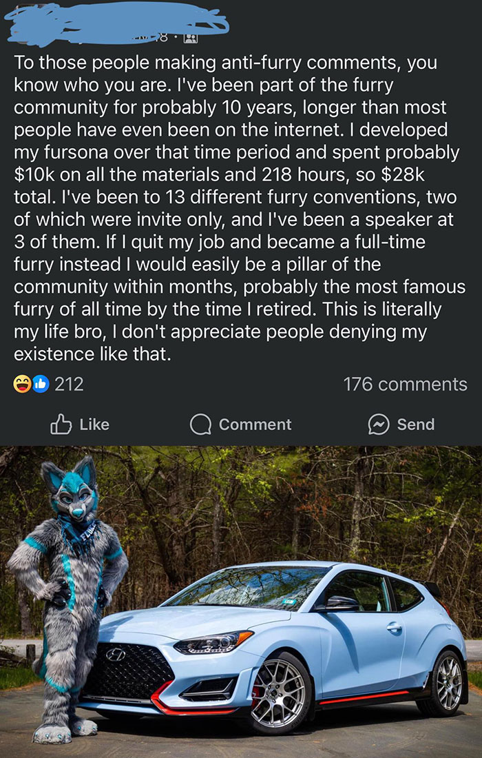 Furry in costume standing beside a blue car, expressing pride in their community involvement amid cringe-worthy comments.