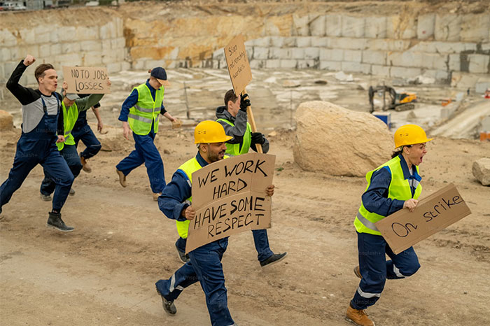 Workers on strike holding signs for respect and job security at a construction site.
