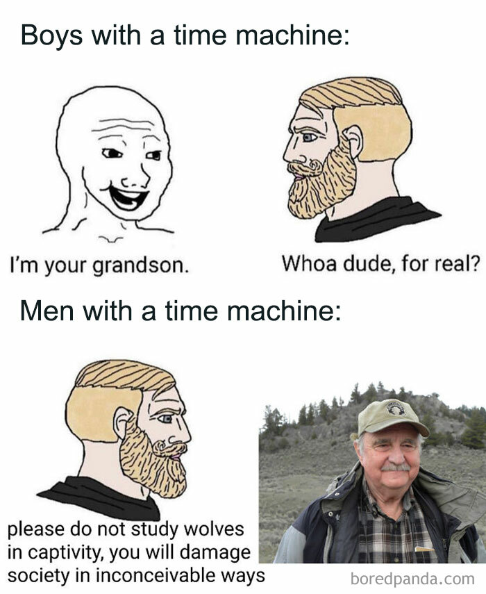 Meme showing boys and men with a time machine, featuring conversations about grandchildren and wolves in captivity.