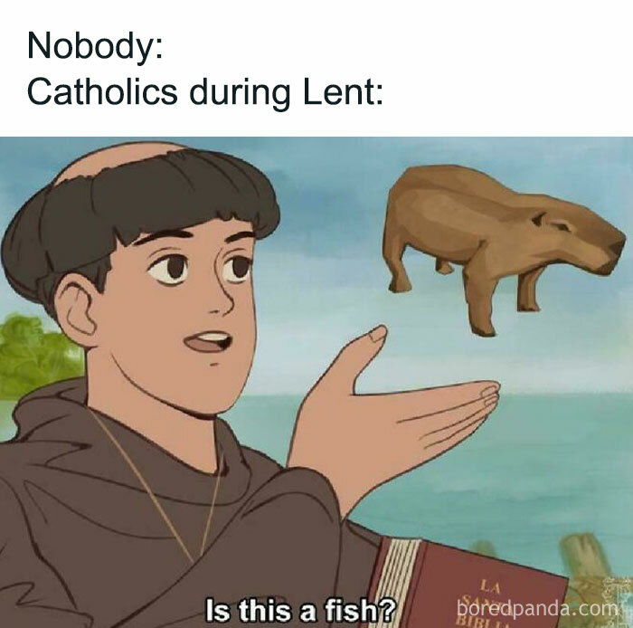 Cartoon monk during Lent questioning if capybara is a fish, referencing meme trends.