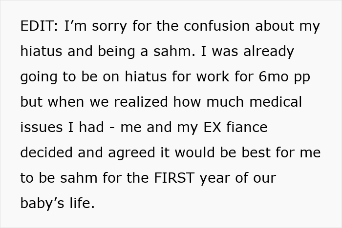 Text of an edit explaining a hiatus decision due to medical issues, agreed upon with an ex-fiancé. Text of an edit explaining a hiatus decision due to medical issues, agreed upon with an ex-fiancé.