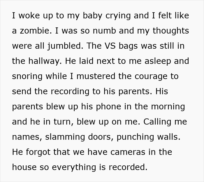 Text detailing a partner's plot being exposed to family, including elements of confrontation and recorded evidence. Text detailing a partner's plot being exposed to family, including elements of confrontation and recorded evidence.