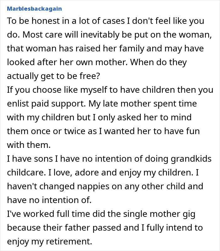Text discusses modern grandparenting double standards and intentions to avoid traditional childcare roles.