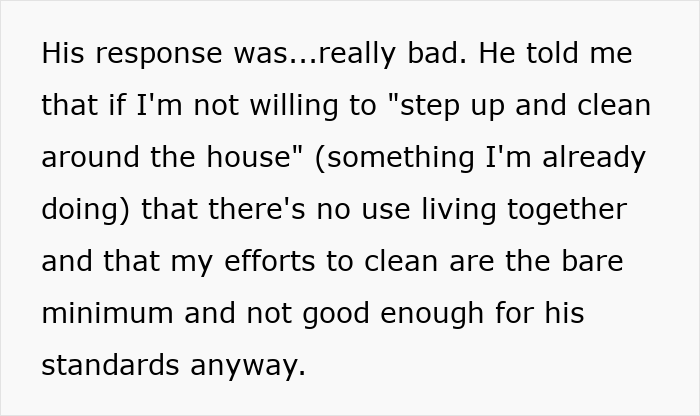 Text image discussing arguments over cleaning efforts and relationship standards.