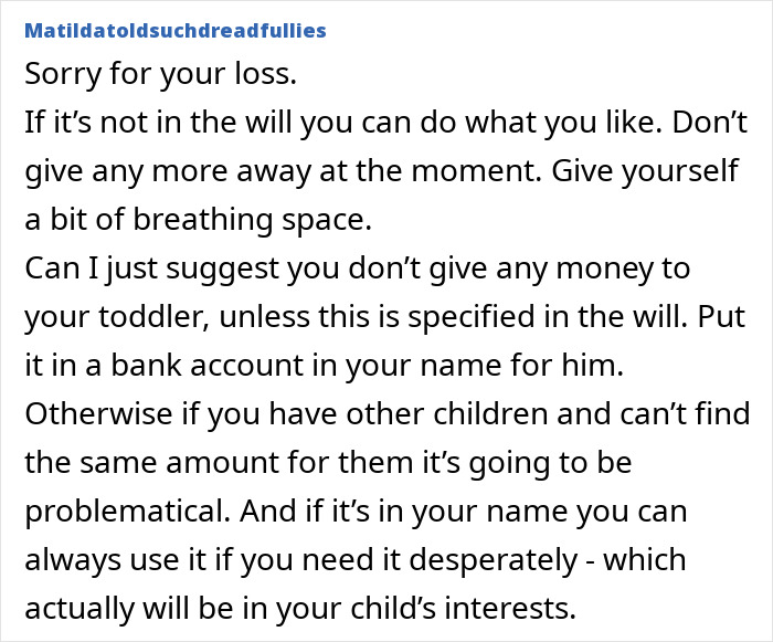 Text excerpt showing advice to a woman about inheriting estate, feeling guilty for not fulfilling every wish of late father. Text excerpt showing advice to a woman about inheriting estate, feeling guilty for not fulfilling every wish of late father.
