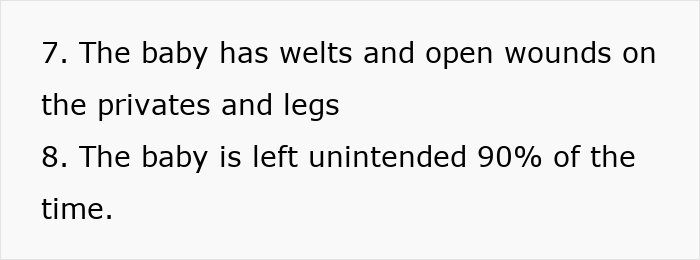 False CPS claims and family drama text highlighting abuse concerns for a baby, mentioning welts and neglect.