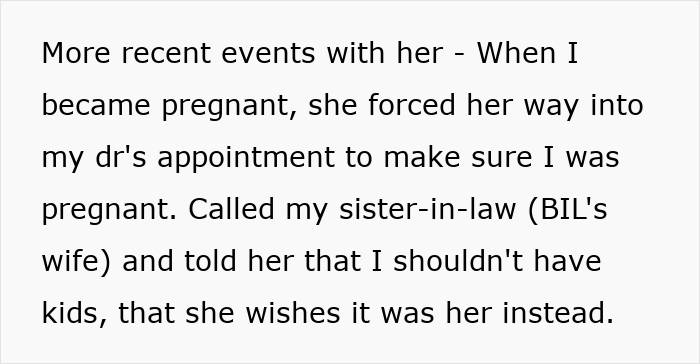 Text detailing false CPS claims causing family drama, involving a woman's pregnancy and sister-in-law.