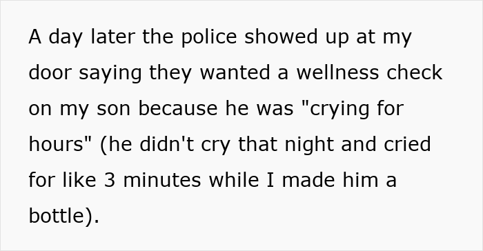 Text about police doing a wellness check related to false CPS claims and family drama.