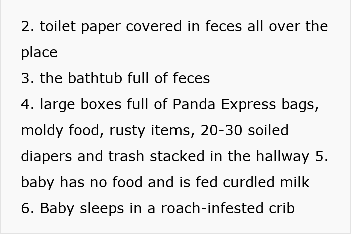 List depicting false CPS claims and family drama, including unsanitary conditions and neglect.