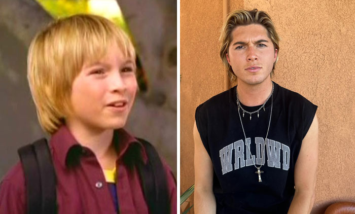 Side-by-side then and now photos of a famous celebrity showing childhood and adult appearance for celebrity photos comparison.