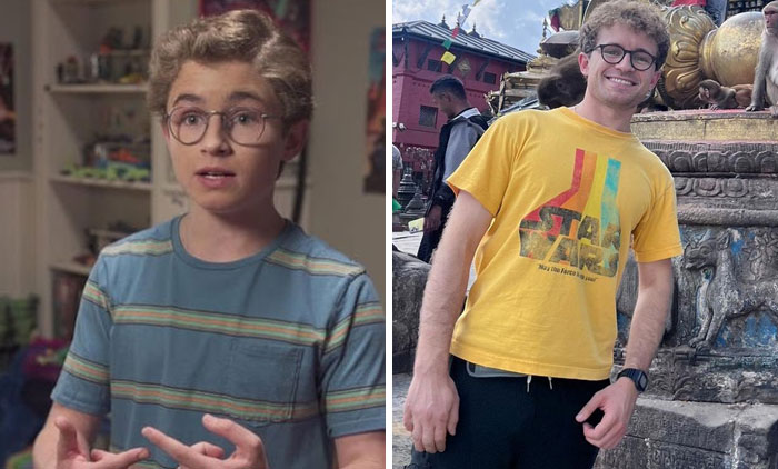 Side-by-side then and now photos of a famous celebrity showing changes over time in a casual setting.