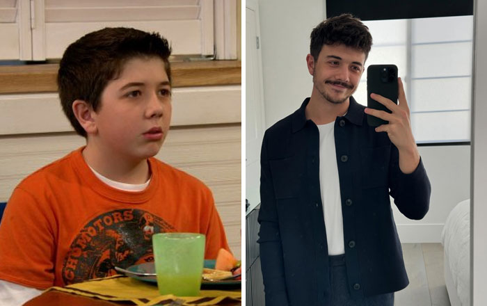 Side-by-side then and now photos of a famous celebrity showing noticeable growth and change over time.