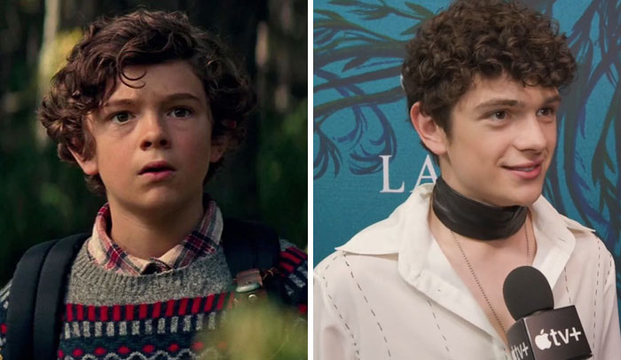 Side-by-side then and now photos of a famous celebrity showing changes over time in a casual and interview setting.