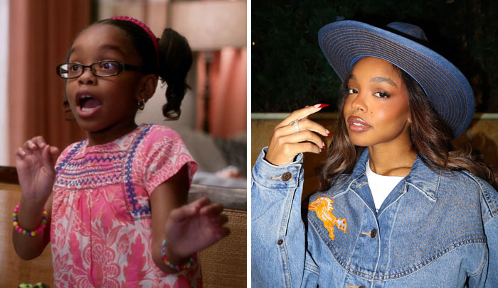 Young girl from a popular TV show then and now photo showing her growth as a famous celebrity over the years.