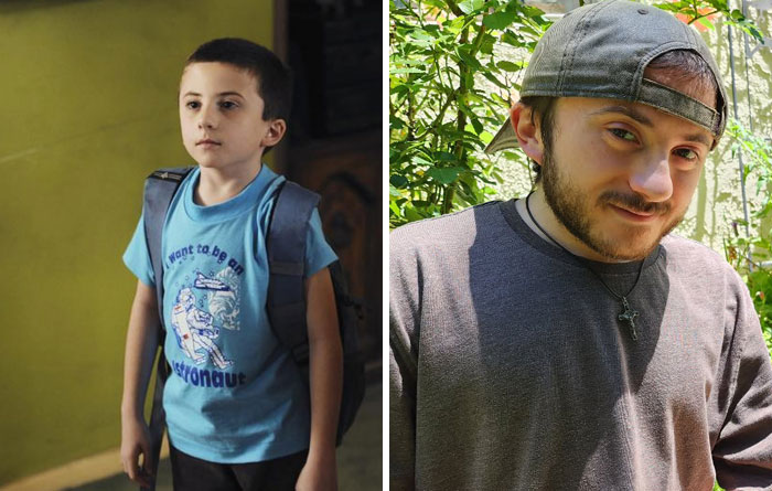 Side-by-side then and now photos of a famous celebrity showing aging transformation over time outdoors and indoors.