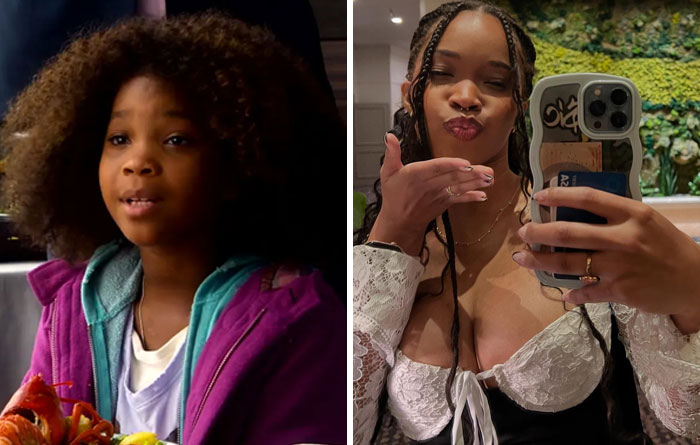 Side-by-side images of a famous celebrity as a child and as an adult, showcasing then and now photos of celebrities.