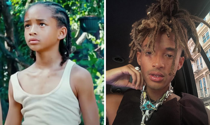 Side-by-side then and now photos of a famous celebrity showing changes over time in appearance and style.