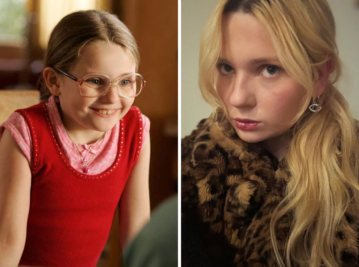 Side by side then and now photos of a young girl growing into a fashionable woman showing celebrity transformation.