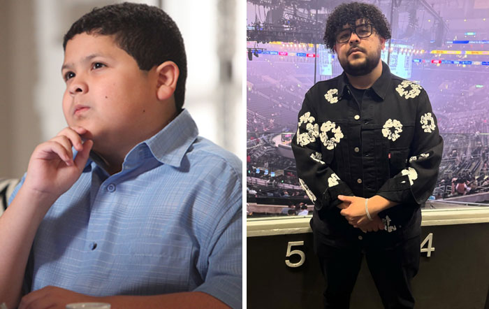 Side-by-side then and now photos of a famous celebrity showing changes over time in a casual and public setting.