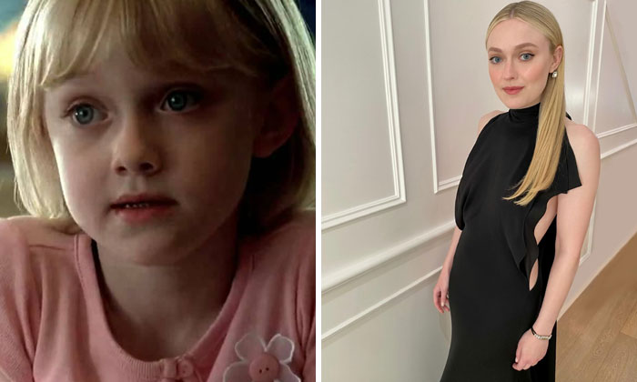 Then and now photos of a famous celebrity showing childhood and adult images side by side, highlighting aging and transformation.