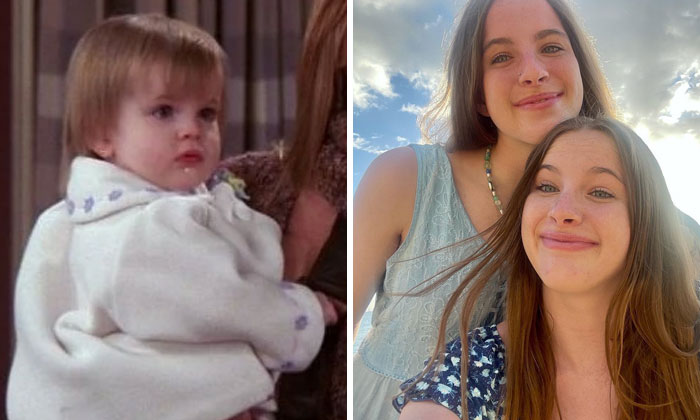 Then and now photos of famous celebrities showing childhood and current appearances side by side under natural light outdoors.