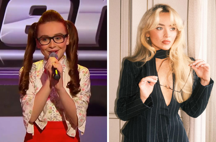 Side-by-side then and now photos of a famous celebrity showing a youthful and mature transformation over time.