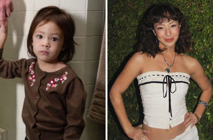 Side by side then and now photos of a famous celebrity showing childhood and adult looks for celebrity nostalgia.