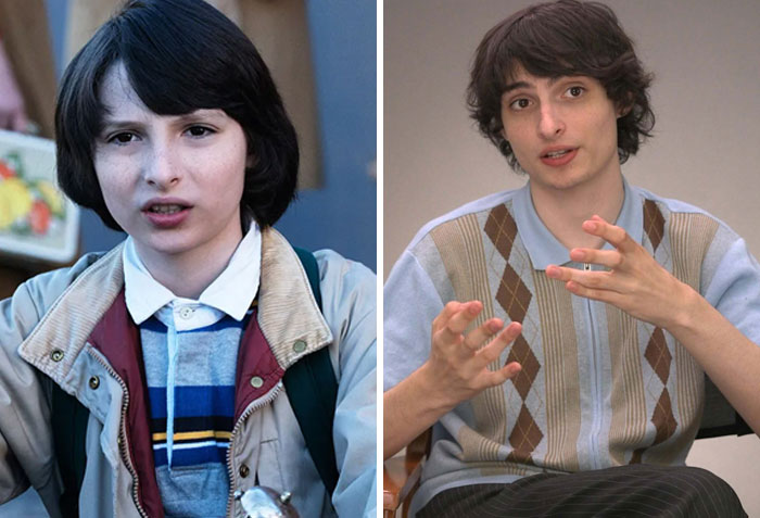 Side-by-side then and now photos of a famous celebrity showing noticeable aging and style changes over time.