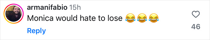 Comment referencing Courteney Cox’s character Monica in response to an awkward encounter repost by Ellen DeGeneres. Comment referencing Courteney Cox’s character Monica in response to an awkward encounter repost by Ellen DeGeneres.