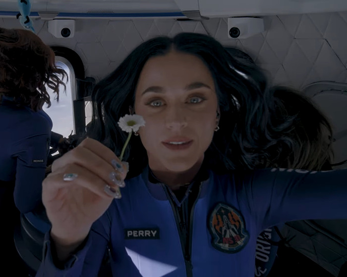 Katy Perry holding a flower in space suit after flight. Katy Perry holding a flower in space suit after flight.