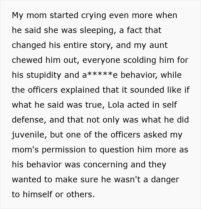 Text describing family conflict after girlfriend's self-defense against prank by brother.