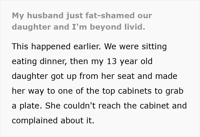 Text post describing a furious lady calling out husband for fat-shaming their 13-year-old daughter during dinner.