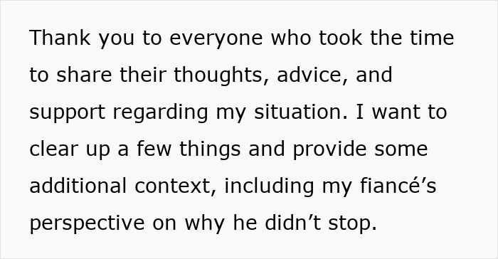 Text expressing gratitude for support and clarifying context about a woman bearing physical consequences of her fiancé’s accident. Text expressing gratitude for support and clarifying context about a woman bearing physical consequences of her fiancé’s accident.