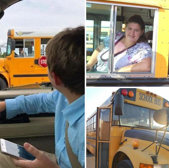 Collage of various yellow school buses with people interacting, capturing interesting forbidden stories around them.