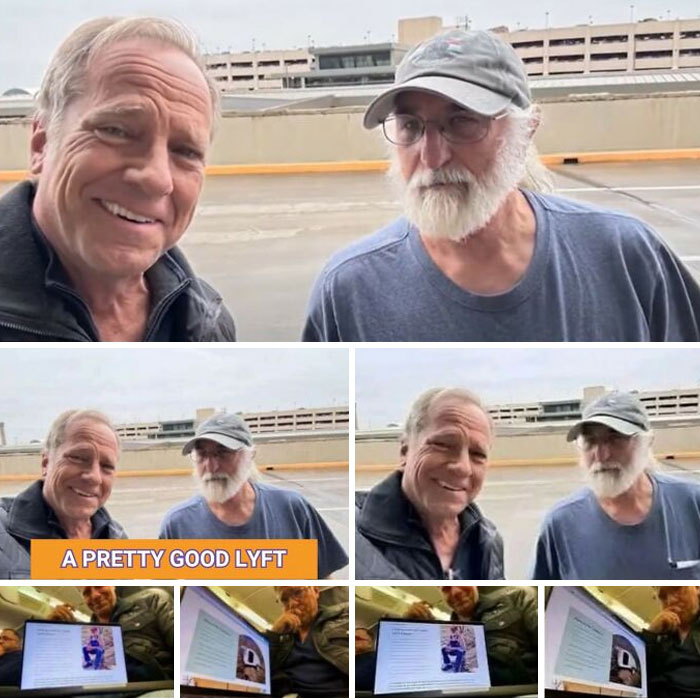 Two men smiling, taking selfies on a rooftop, discussing interesting stories from around the world.