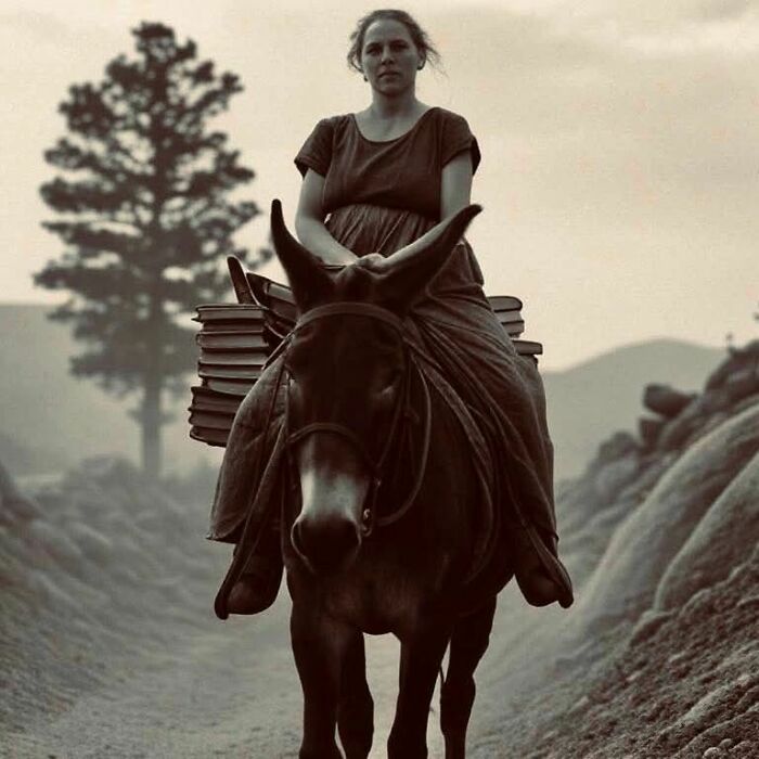 A woman rides a donkey laden with books, illustrating a forbidden story theme under a cloudy sky.