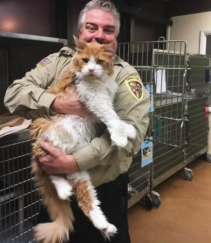 Man holding a large cat in a shelter, sharing an amazing story of animal care and companionship.