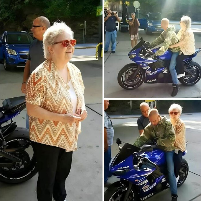 Elderly woman riding a Yamaha motorcycle, embodying "forbidden stories" of adventure and excitement.