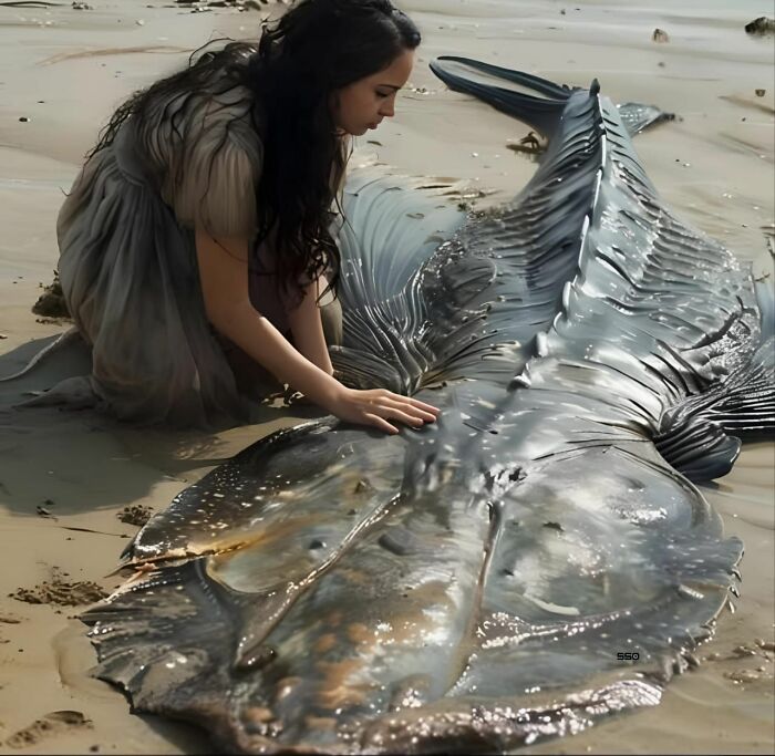 Woman examining a large fish on the beach, embodying a forbidden story from around the world.
