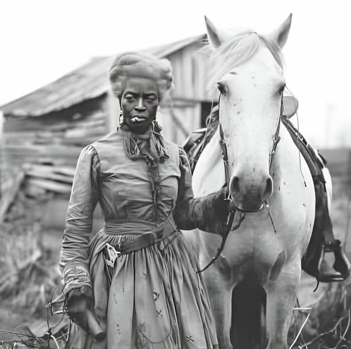 A woman in vintage attire stands with a white horse, embodying the mystery of forbidden stories.