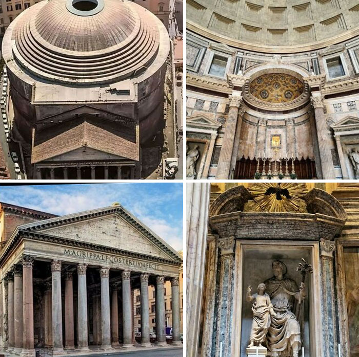 Collage of the Pantheon showing its architecture, interior dome, and ancient statues, capturing forbidden stories.