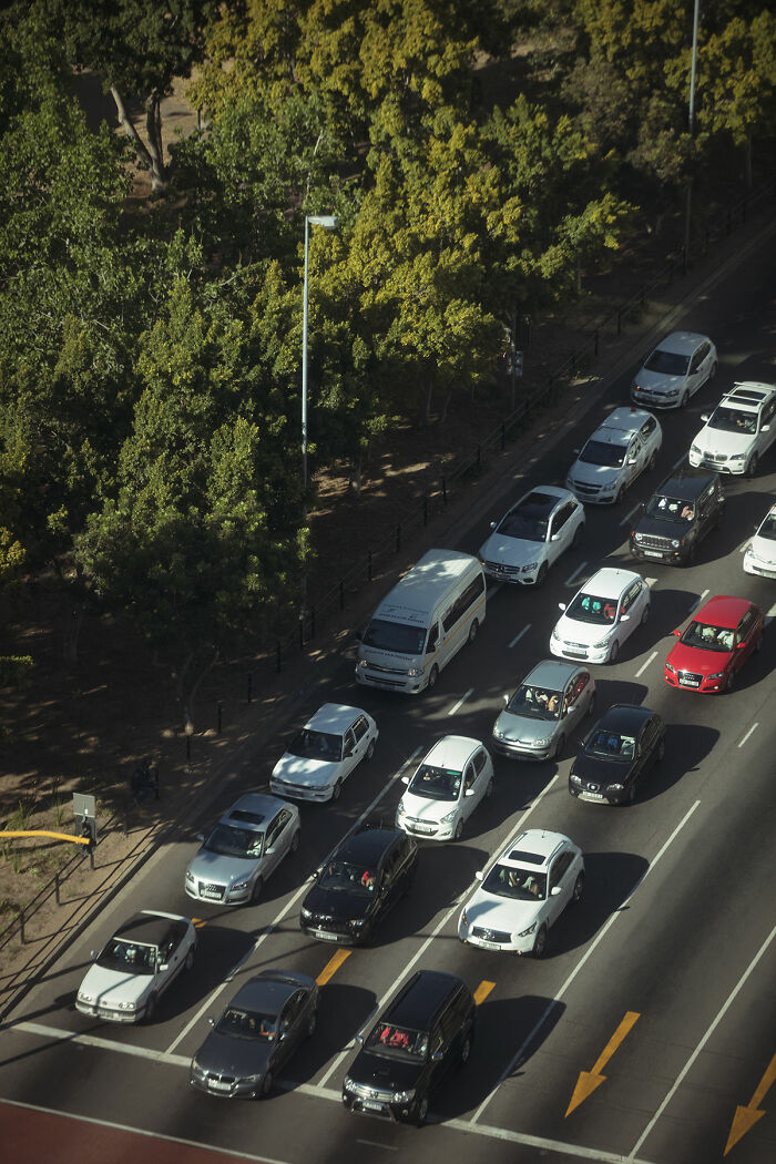 Aerial view of traffic jam in the USA, cars lined up on the road.