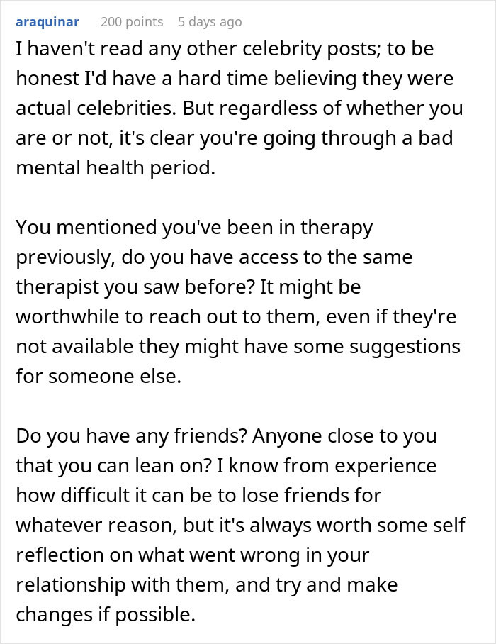 Comment on a celebrity's online confession about feeling tired and disillusioned with life, offering advice on therapy.
