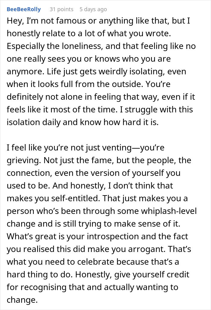 Text response to anonymous celebrity's online confession about feeling tired and disillusioned with life.