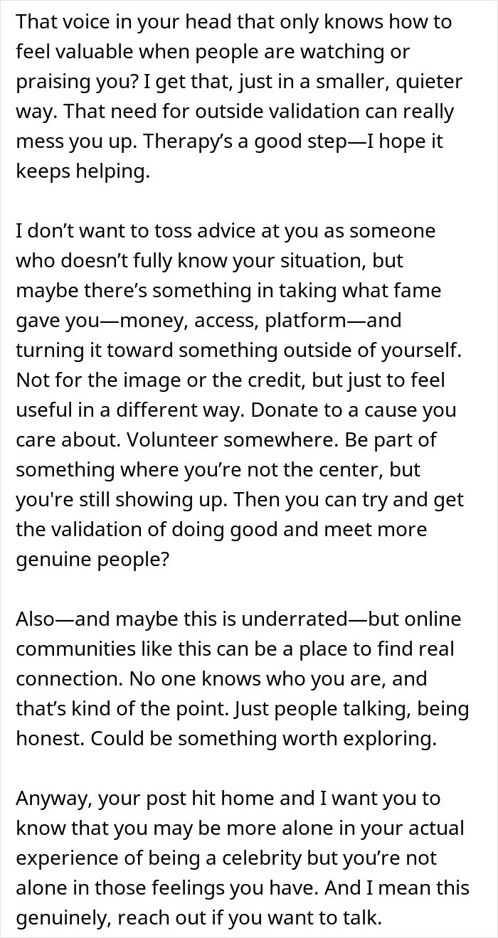 Text discussing a celebrity's feelings of being "tired and disillusioned" with life, mentioning therapy and finding validation.