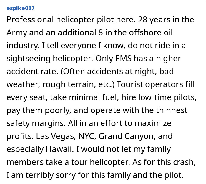 Professional pilot shares insights on helicopter accidents and safety concerns in tourism industry.