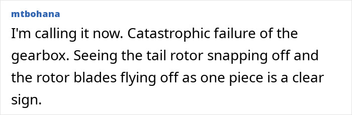 Comment discussing helicopter crash due to potential gearbox failure and rotor blade detachment.